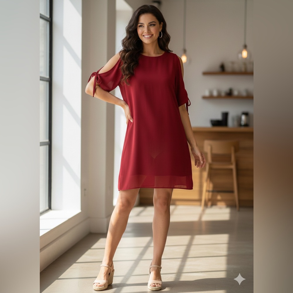 SIZE LARGE Amazon Women’s Chiffon Breezy Short Sleeve Cold Shoulder Dress Red